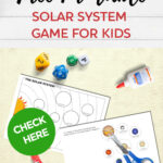 This image provides instructions for a solar system game for kids, which involves cutting out circles of the planets and pasting them onto a solar system diagram.
