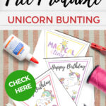 The image is showing instructions on how to make a birthday decoration using free printable unicorn bunting and white glue.