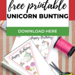 This image is providing a free printable unicorn bunting download to celebrate Eddycharts.com's birthday on KiddyCharts.com.