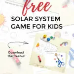 This image is offering a free printable game about the Solar System for kids, as well as other free printables available on the website www.kiddycharts.com.
