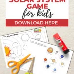 In this image, children are encouraged to download a free game about the solar system and then cut out circles of the planets and paste them on a chart of the solar system.