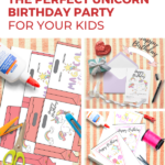 This image is showing how to create a perfect unicorn-themed birthday party for kids, with instructions on how to use white glue for decorations.