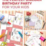 This image is showing how to create a perfect unicorn-themed birthday party for kids, with instructions on how to use white glue for decorations.