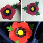 In the image, a person is creating a paper poppy using a template from the website www.kiddycharts.com.