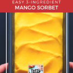 This image is promoting a recipe for a 3-ingredient mango sorbet from the website KiddyCharts.com.