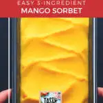 This image is promoting a recipe for a 3-ingredient mango sorbet from the website KiddyCharts.com.
