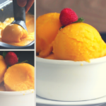 A person is making a three-ingredient mango sorbet with the help of a website called Kiddy Charts.
