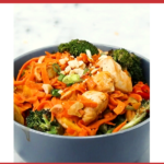 In this image, a recipe for Sweet Potato Chicken Stir Fry is being shared from the website Kiddy Charts.