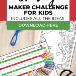 This image is a calendar of a 31-day maker challenge for kids, with each day featuring a different activity or project.