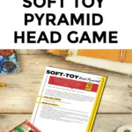 This image shows a game where a child tries to balance as many soft toys as they can on their parent's head, as a way to help them wind down and bond.