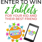 This image is promoting a competition to win two tablets for a child and their best friend by entering the competition at KiddyCharts.com.
