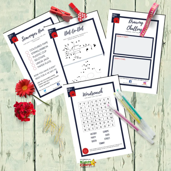 This image is a VE Day activity sheet with instructions for a scavenger hunt, dot-to-dot drawing, word search, and instructions for making bunting.