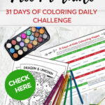This image is promoting a 31-day coloring challenge with a different coloring page for each day, and encourages viewers to share their work with the Kiddy Charts website.