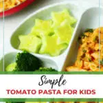 A vibrant salad of broccoli, tomatoes, and pasta as a vegetarian meal option for kids, accompanied by a recipe and text from KiddyCharts.com.