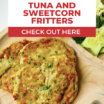 This image is advertising a recipe for tuna and sweetcorn fritters available on the website KiddyCharts.com.