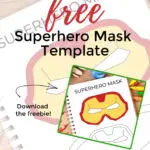 This image is promoting a free superhero mask template available for download from Kiddy Charts' website.