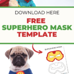 A website is offering a free downloadable superhero mask template for children to use.