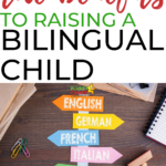 The image is showing the benefits of raising a bilingual child, with the languages of English, German, French, Italian, and Spanish listed as examples.