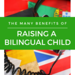 The image is promoting the benefits of raising a bilingual child, as well as providing resources to do so through the website Kiddy Charts.