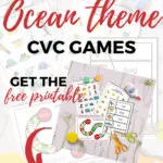 This image is advertising a board game called CVC Words Board Game, which is available for purchase on the website Kiddy Charts.