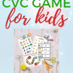 In this image, a board game is being presented that helps children learn CVC words with a free printable available on KiddyCharts.com.