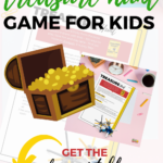 In this image, Kiddy Charts is promoting a treasure hunt game for kids, which is part of a book called "Indoors with Kids - 100 ways to play, have fun and stay sane".