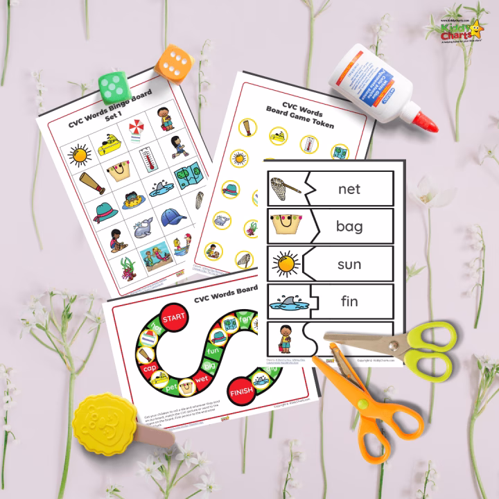 Children are actively playing a CVC Words Board Game, rolling a die and matching pictures to words on the board.