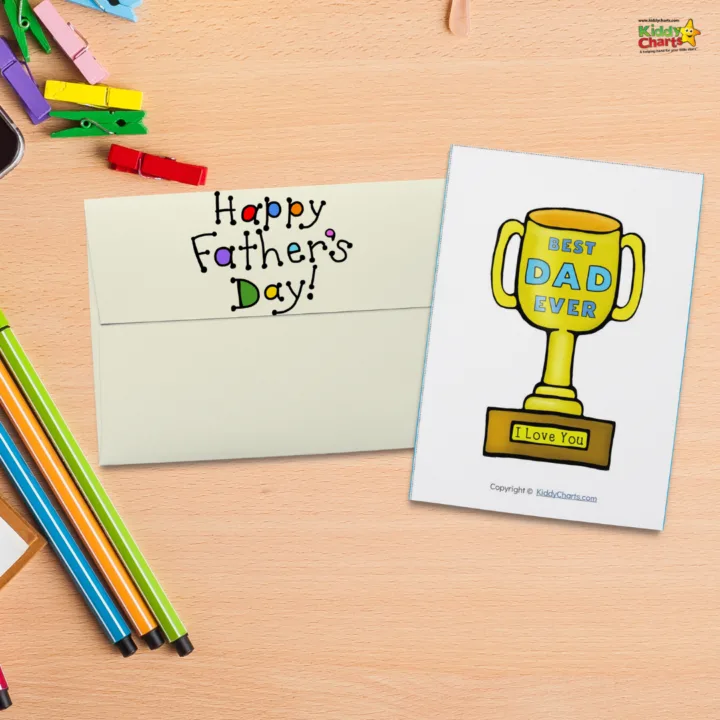 A child is illustrating a cartoon with office supplies and stationery to create a design for a Father's Day card.