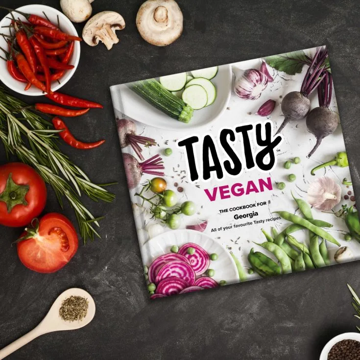 This image is showcasing a vegan cookbook specifically tailored for Georgia with all of their favorite Tasty recipes.