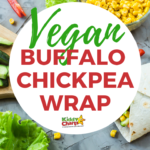 In this image, a vegan buffalo chickpea wrap is being promoted, with a link to the recipe on Kiddy Charts' website.