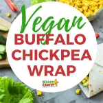 In this image, a vegan buffalo chickpea wrap is being promoted, with a link to the recipe on Kiddy Charts' website.