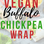 This image is promoting a vegan buffalo chickpea wrap recipe from the website Kiddy Charts.