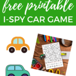 This image is promoting a free printable I-SPY car game available from KiddyCharts.com.