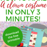 The image is showing instructions on how to make a clown costume in only 3 minutes using a free printable from Kiddy Charts.