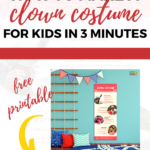 In this image, a clown costume is being made for kids in 3 minutes using items found around the house and a free printable clown costume from Kiddy Charts.
