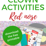 The image shows a clown with a red nose, and encourages viewers to download free printable activities from kiddycharts.com.