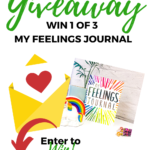 This image is advertising a giveaway of three My Feelings Journals, encouraging viewers to enter the giveaway by reading the full post on Kiddy Charts' website.