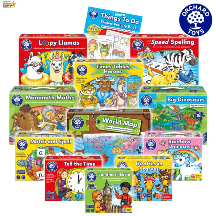 This image is showing a variety of activities and toys that can be used to help children learn and have fun, such as puzzles, spelling games, and lotto.