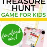 This image is depicting instructions for a treasure hunt game for kids, with tasks to be completed within a set window of time.