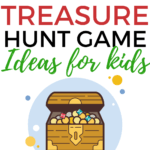 A group of children are participating in a treasure hunt game organized by Kiddy Charts, a website providing ideas for kids.