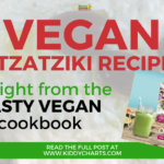 This image is advertising a vegan tzatziki recipe from the Tasty Vegan Cookbook, which can be read in full at www.kiddycharts.com.
