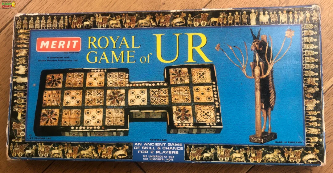 This image is showing a box for a game called Merit Royal, which was made in England and is a game of skill and chance for two players.