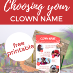 The image is showing how to create a clown name by playing with words and sounds, and using ideas from food and animals.