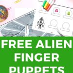 The image is showing a promotion for free alien finger puppets available for download from the website kiddycharts.com.