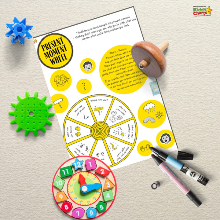 A child is drawing a Present Moment Wheel with a pen, crafting a mindful activity to help them think about the present moment.