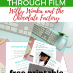 This image is showing a discussion guide for the movie Willy Wonka and the Chocolate Factory, with discussion points about how the film portrays Charlie Bucket's poverty and Willy Wonka's invention.