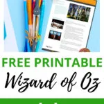 This image is promoting a website that offers free printable worksheets related to the Wizard of Oz.