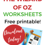 This image is promoting free printable worksheets based on the movie "The Wizard of Oz" available for download from the website www.kiddycharts.com.