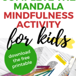 The image is of a mandala with instructions to download a free printable mandala activity for kids from kiddycharts.com.
