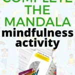 The image depicts a mandala drawing activity that is meant to help children practice mindfulness and is hosted on the website KiddyCharts.com.